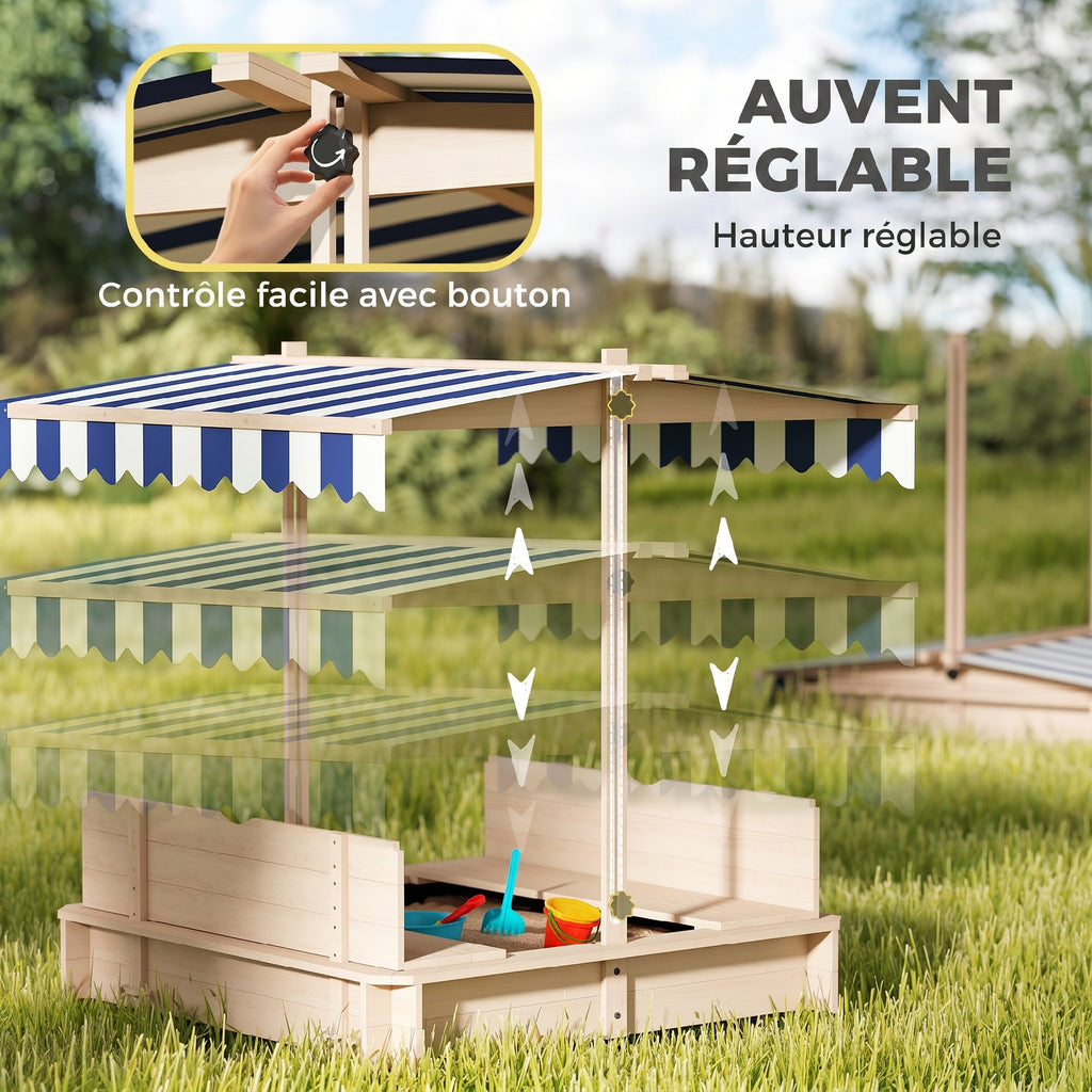 Bac à sable carré en bois pour enfants dim. 106L x 106l cm avec bancs et couvercle - auvent réglable-3