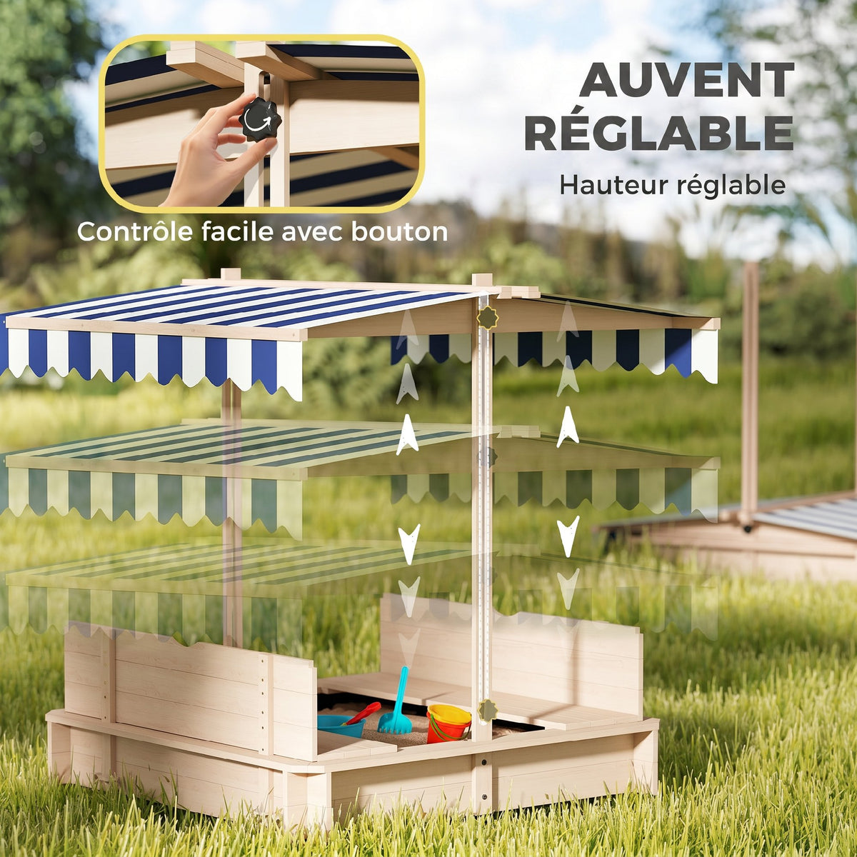 Bac à sable carré en bois pour enfants dim. 106L x 106l cm avec bancs et couvercle - auvent réglable-3