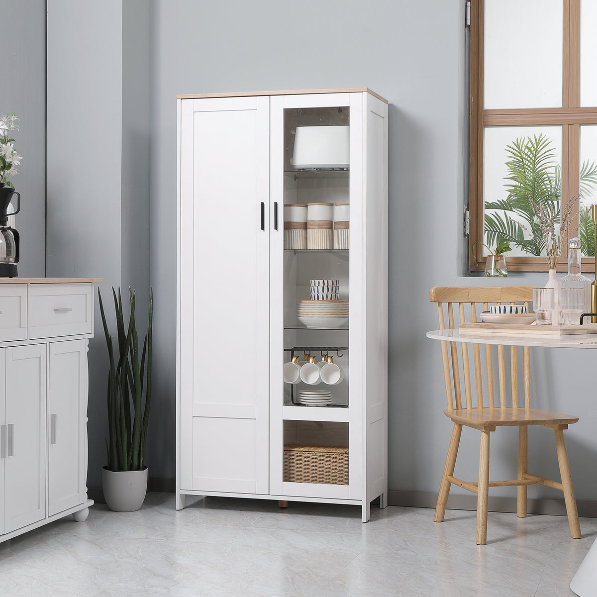 Buffet de cuisine armoire de cuisine meuble vitrine 7 étagères dont 3 étagères en verre 76 x 36 x 160 cm blanc-1