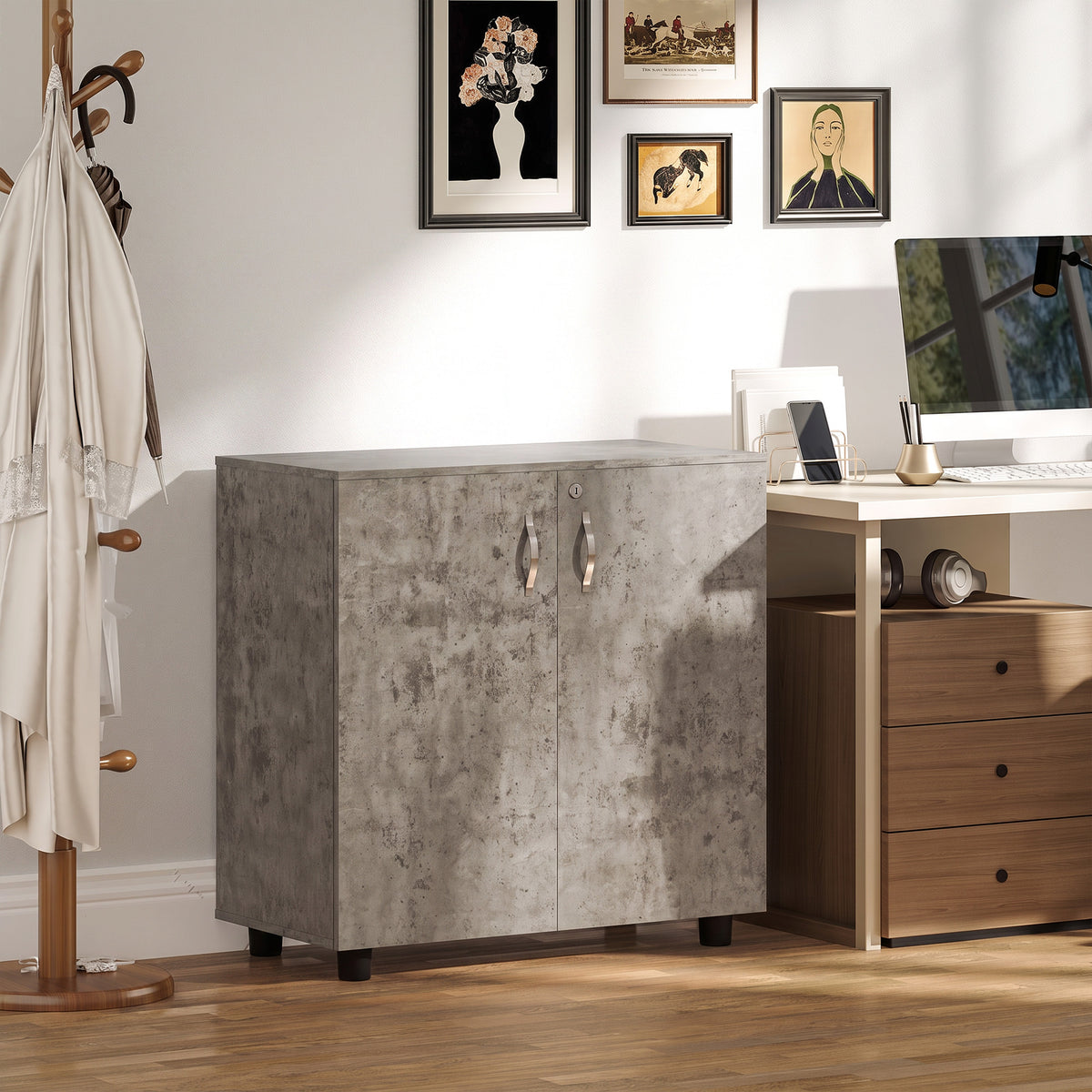 Armoire de Bureau à 2 Niveaux, Meuble de Rangement Bureau avec 2 Portes, Serrures et Clés, 80x40x80cm, Gris-1