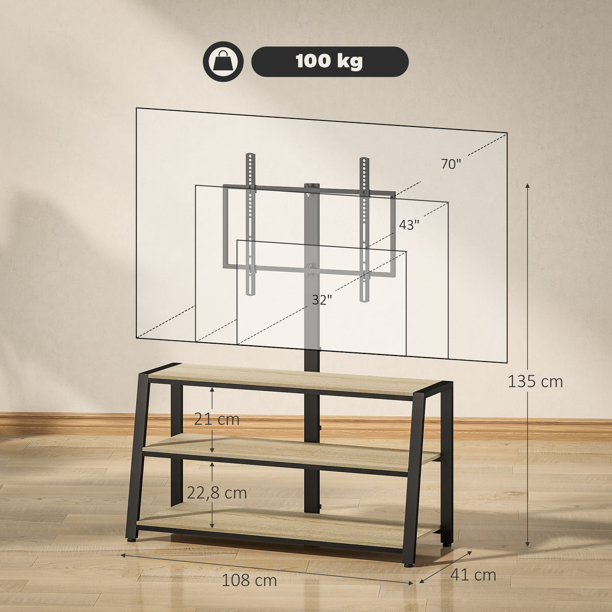 Meuble TV avec support pour téléviseurs de 32-70 pouces, étagères ouvertes, angle ajustable 35°, 108x41x135cm, effet bois naturel-2