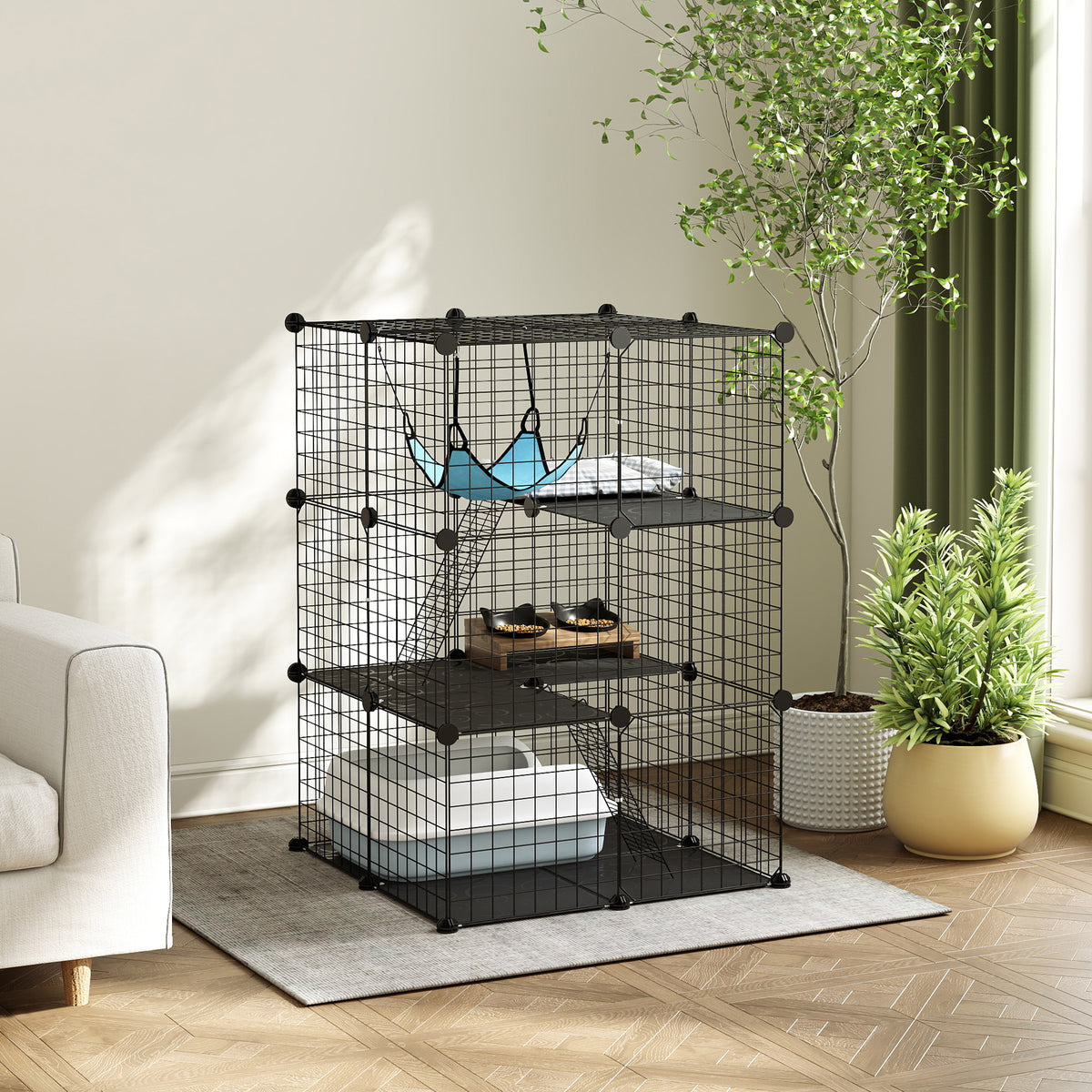 Cage Chat Intérieur Enclos Chat Modulable 3 Portes Hamac Échelle pour Petits Animaux de Compagnie 70x70x105cm Noir-1