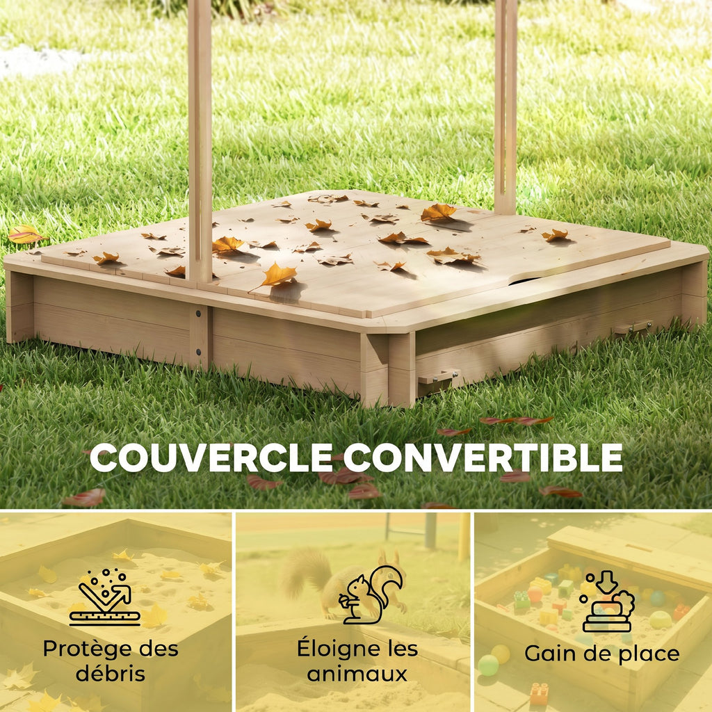 Bac à sable carré en bois pour enfants dim. 106L x 106l cm avec bancs et couvercle - auvent réglable-5