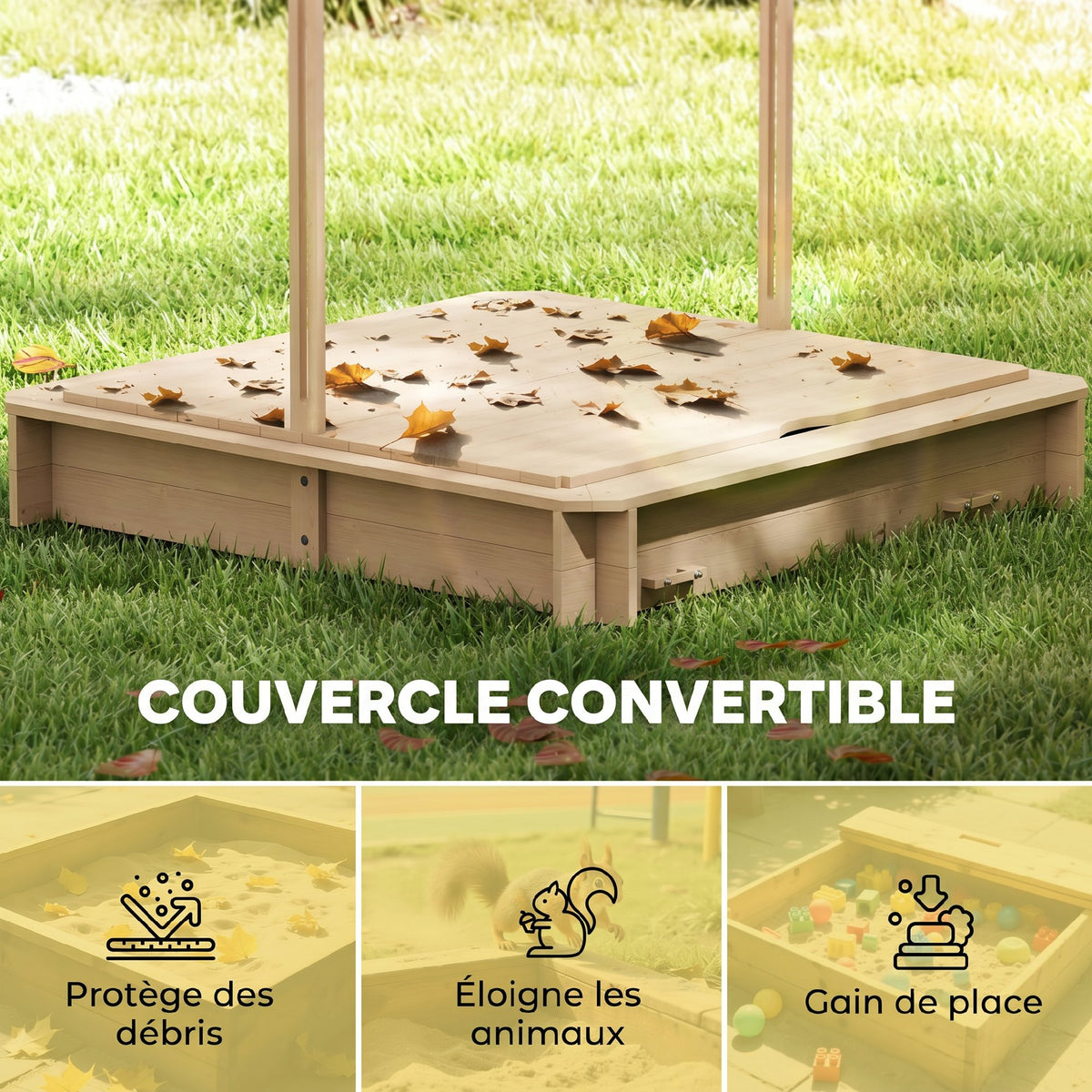 Bac à sable carré en bois pour enfants dim. 106L x 106l cm avec bancs et couvercle - auvent réglable-5