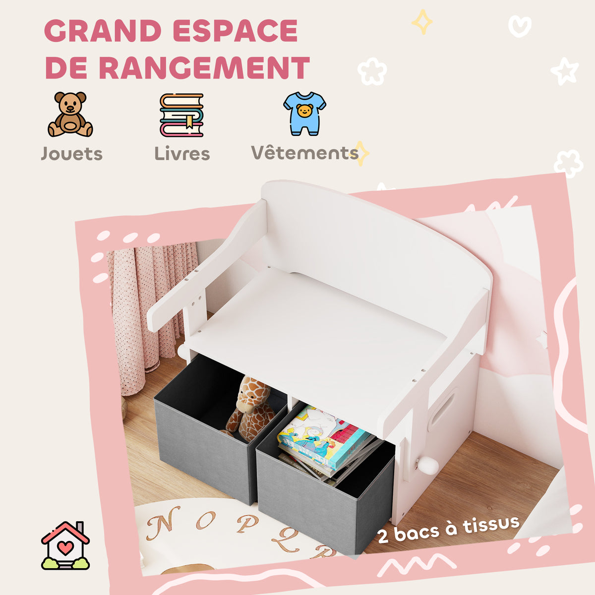Coffre à jouet enfant 3 en 1, ensemble table et chaises avec 2 bacs en tissu amovibles, 67,5 x 46,5 x 56,7 cm, blanc-4