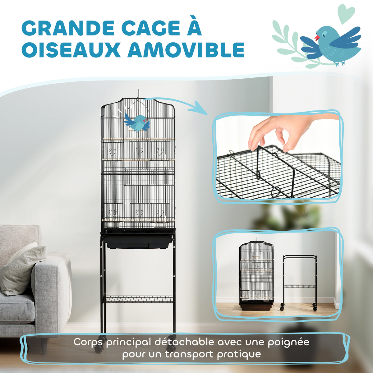 Cage à oiseaux sur pied volière oiseaux sur roulettes toit ouvrant 3 perchoirs étagère inférieure 46,5x36x157cm noir-3