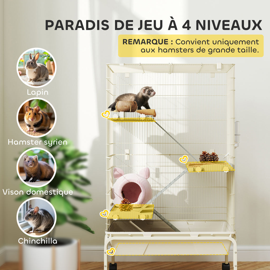 Cage pour lapin enclos à 4 niveaux avec 2 portes 3 rampes plateau profond roulettes 69 x 44 x 120 cm beige-3