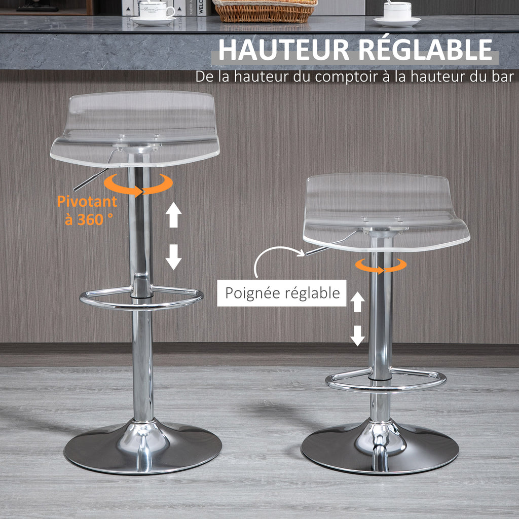Lot de 2 tabourets de bar design contemporain assise acrylique et piètement métal - pivotant 360° - hauteur réglable avec repose-pieds - transparent-4