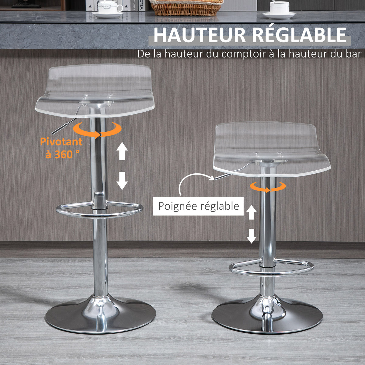 Lot de 2 tabourets de bar design contemporain assise acrylique et piètement métal - pivotant 360° - hauteur réglable avec repose-pieds - transparent-4