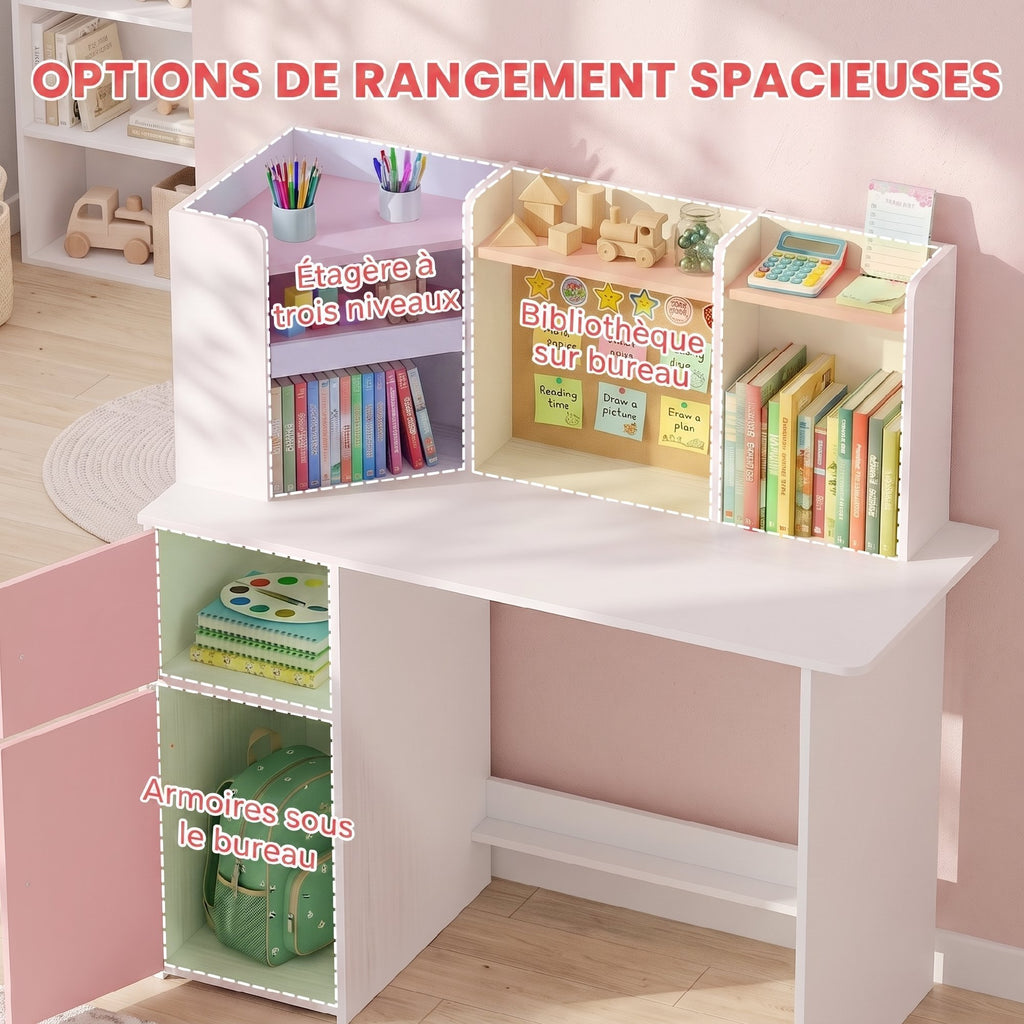 Bureau Enfant avec Chaise, Table d'Étude, Support de Tablette Réglable, Porte-Stylos, Panneau en Liège, 5-12 ans, Rose-5