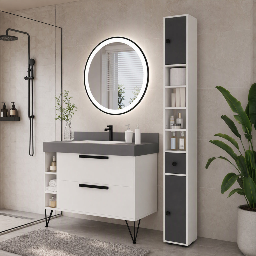 Colonne de rangement armoire haute pour salle de bain 1 tiroir 4 étagères réglables et 2 placards 20 x 20 x 180 cm gris-8