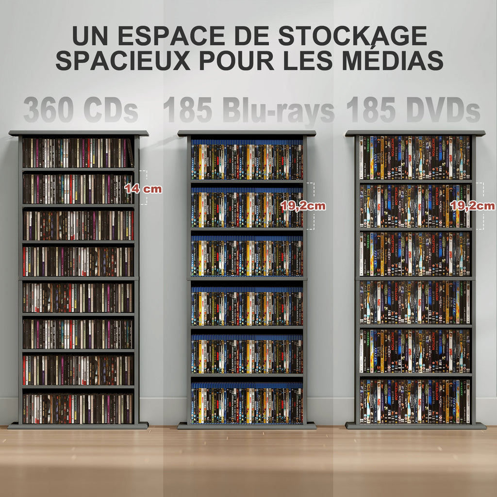 Rangements pour CD et DVD avec 8 compartiments et 6 étagères réglables, capacité max. 360 CD/185 DVD et Blu-ray, gris-3