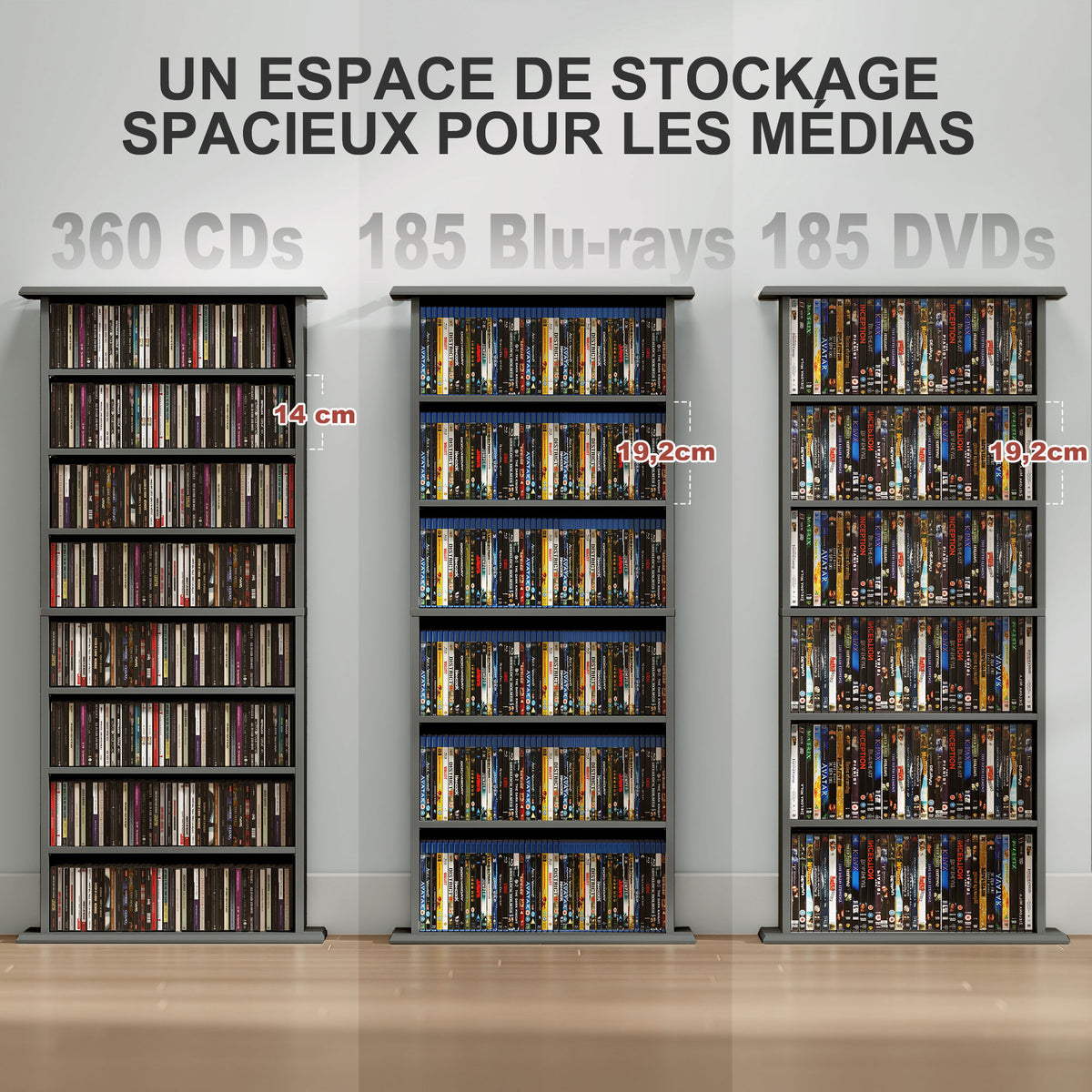 Rangements pour CD et DVD avec 8 compartiments et 6 étagères réglables, capacité max. 360 CD/185 DVD et Blu-ray, gris-3