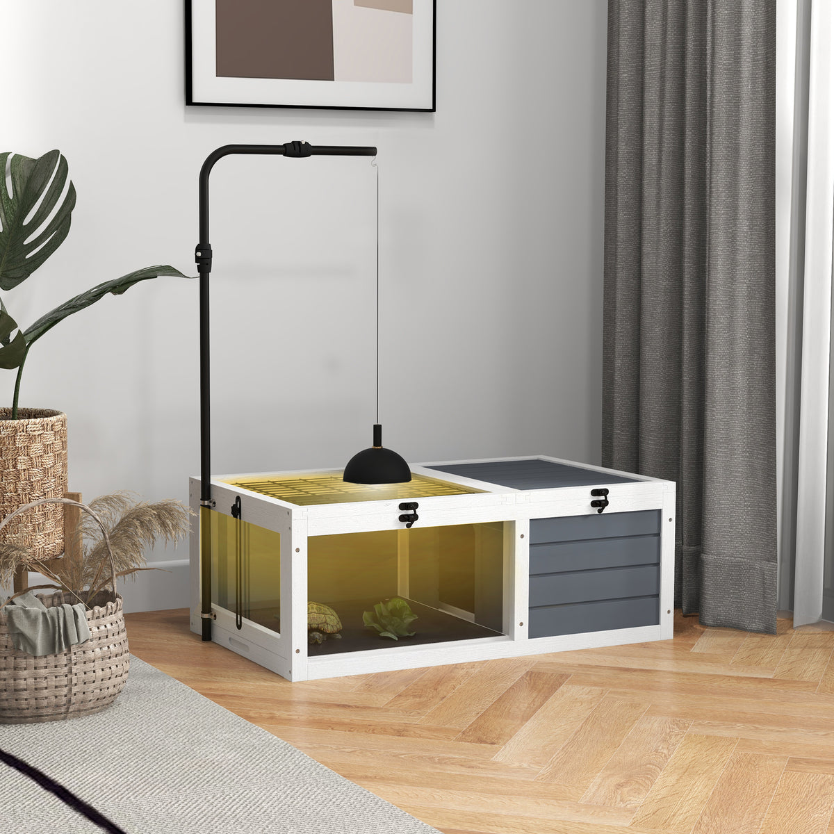 Maison enclos cage pour petit animal tortue avec 2 espaces support de lampe réglable 81 x 48 x 31,5 cm gris-1
