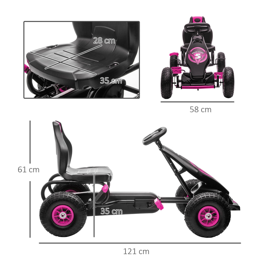 Kart à pédales pour enfant siège réglable 3 positions frein à main enfant de 5 à 12 ans rose noir-2