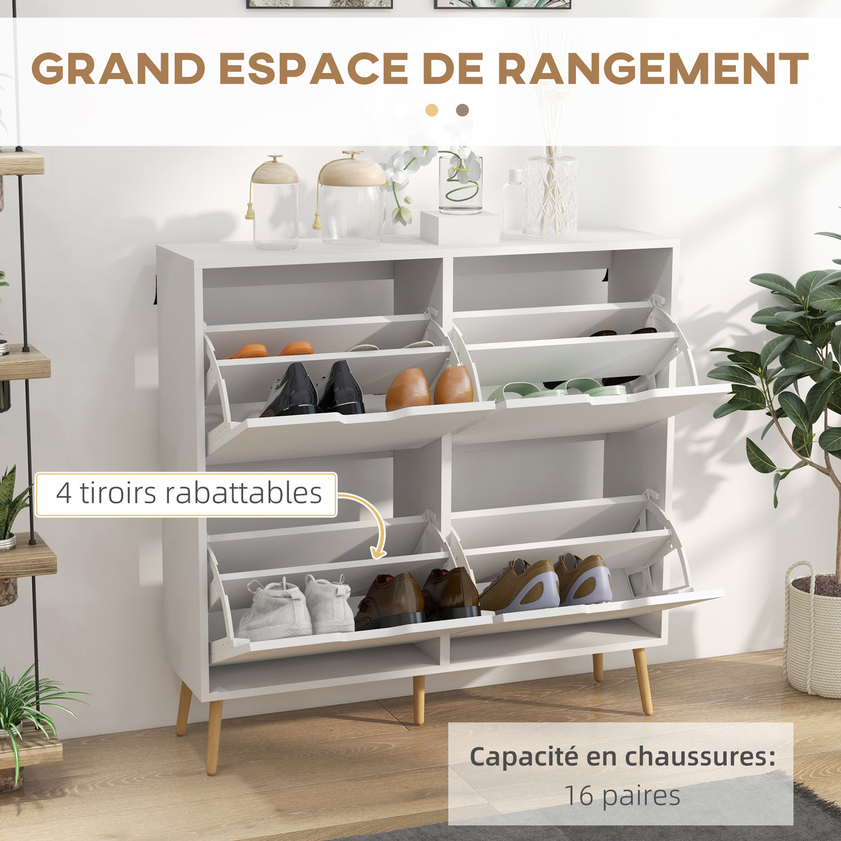 Meuble à chaussures 4 abattants 16 paires avec étagère réglable pieds en bois de pin 95 x 26 x 95 cm blanc-3