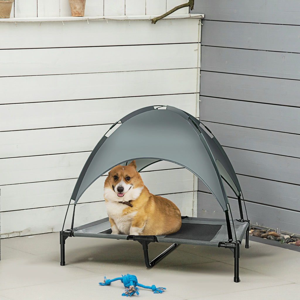Lit pour chien chat sur pieds grand confort velum anti-UV tissu oxford micro-perforé + parasol + sac de transport inclus dim. 92L x 76l x 90H cm gris noir-9