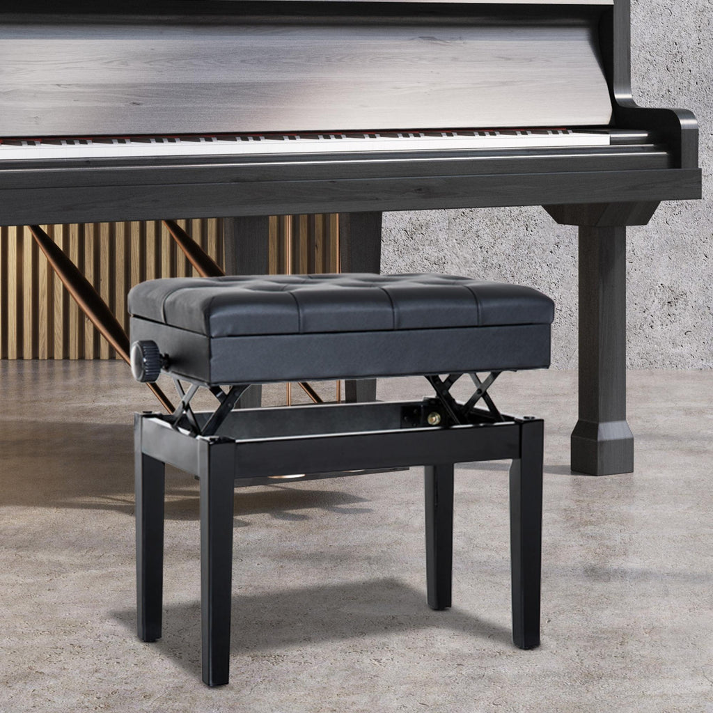 Banc de piano, banc de clavier réglable en hauteur en bois massif, tabouret piano avec compartiment caché, siège rembourré polyuréthane à 10 boutons, stable et antidérapant, charge 200kg, noir-1