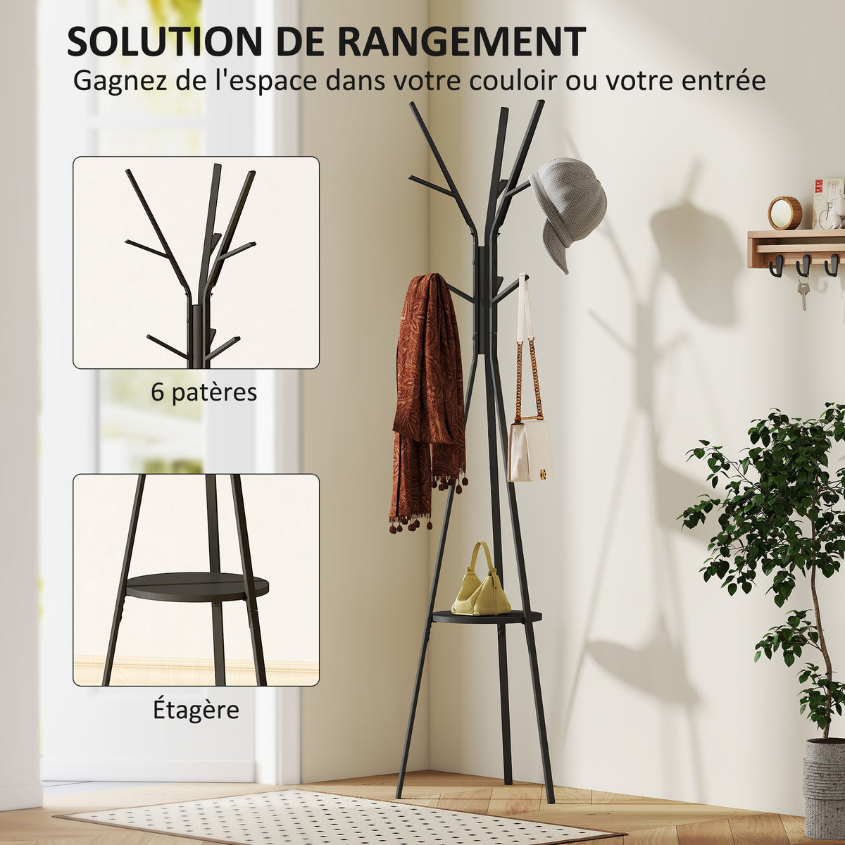 Porte-manteau trépied design contemporain branches étagère + 9 patères dim. 45L x 45l x 180H cm métal noir-3