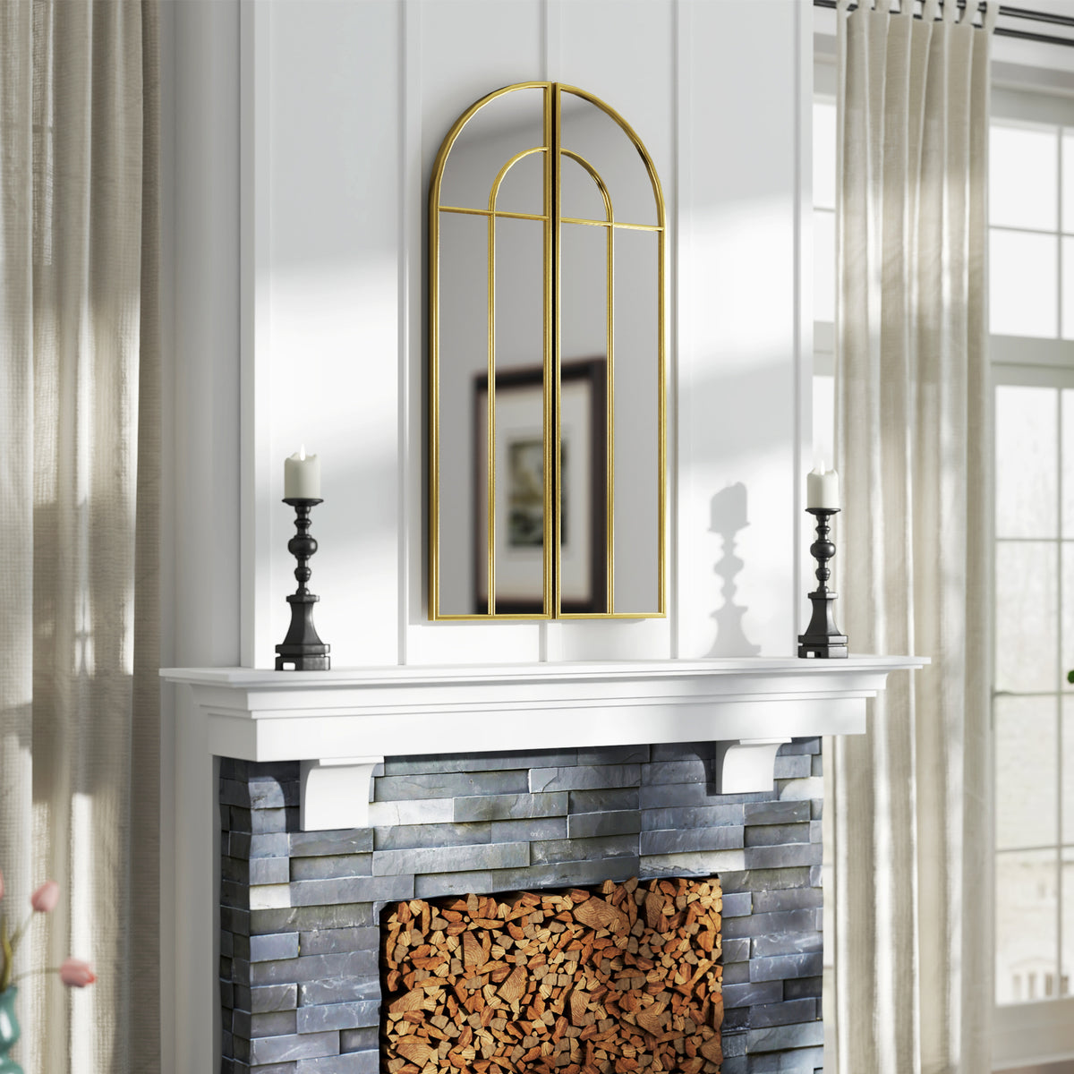 Miroir mural arc 30 x 120 cm, grand miroir décoratif avec cadre métallique, pour salon, chambre, couloir, ton doré-8
