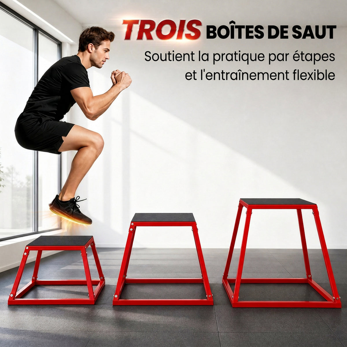 Boîte Entraînement Pliométrique Trapézoïdale en Acier, 3 Plateformes de Saut Antidérapantes 30,5/45,8/61 cm, Rouge-3