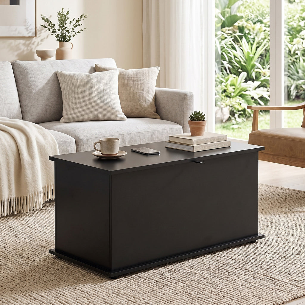 Coffre de Rangement, Banc de Rangement avec Couvercle Rabattable et Charnières de Sécurité, 80 x 40 x 45 cm, Noir-6
