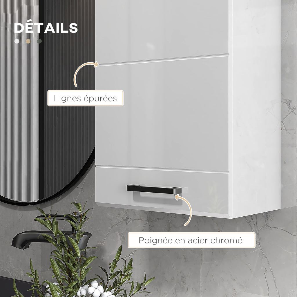Armoire murale de salle de bain 1 porte avec étagère réglable en hauteur 3 niveaux 37 x 22,5 x 70 cm blanc haut brillant-5