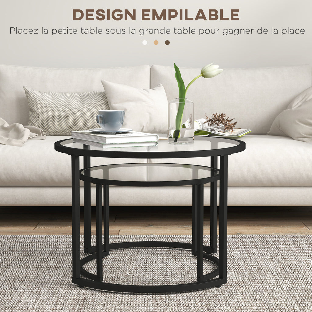 Lot de 2 tables basses gigognes rondes plateau verre trempé et pied en acier au carbone noir-3