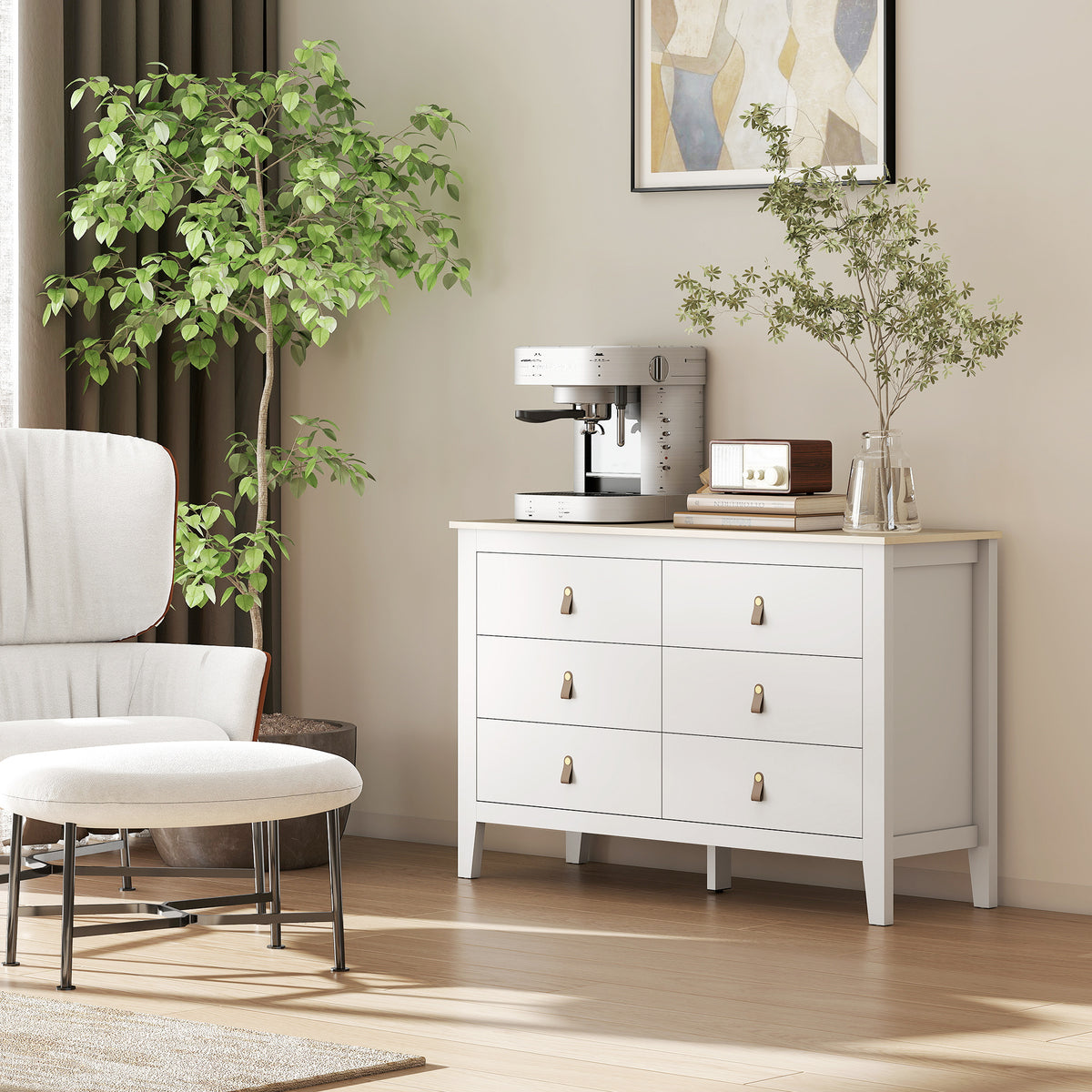 Commode 6 tiroirs meuble de rangement style contemporain avec poignées en polyuréthane, 120 x 40 x 78 cm, blanc-8