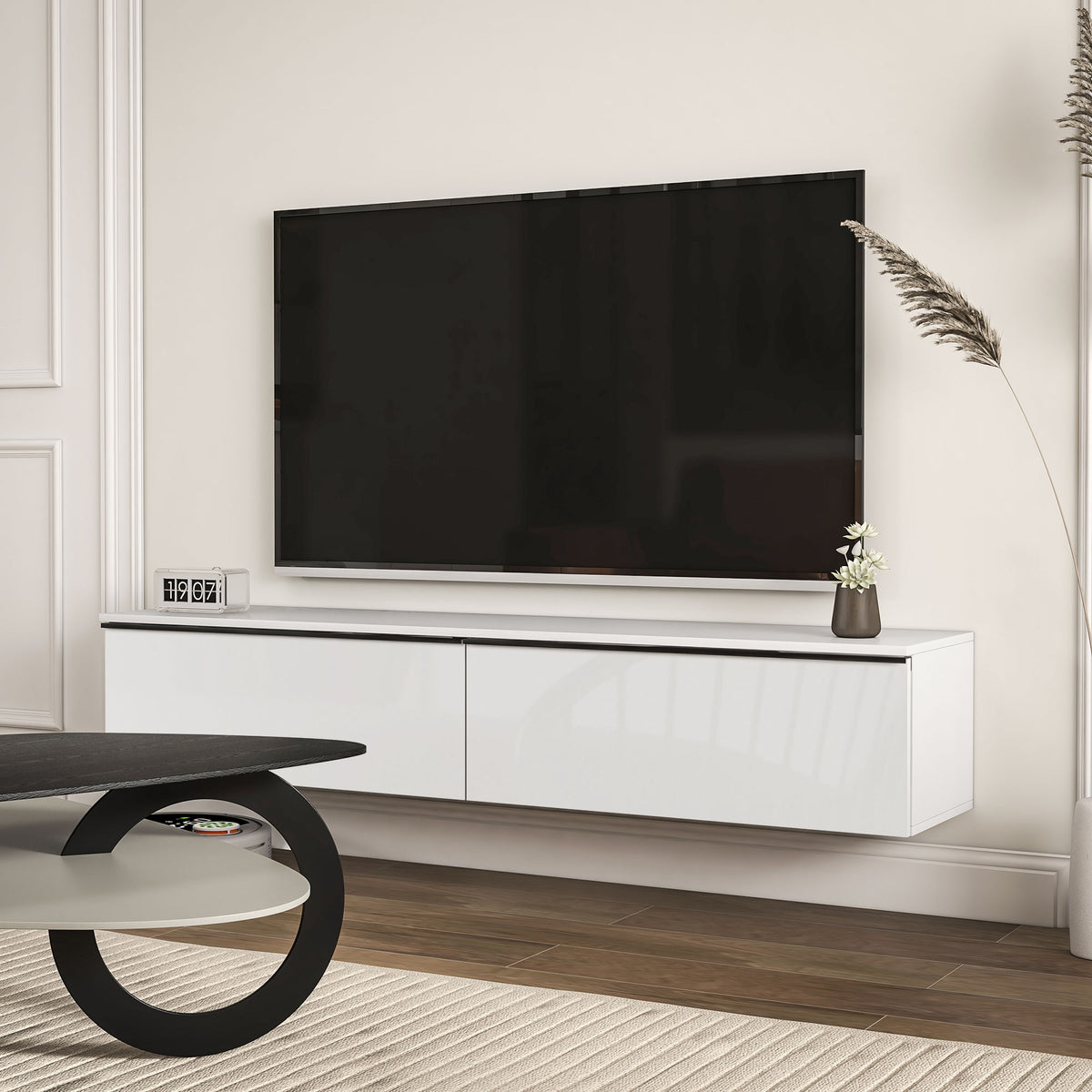 Meuble TV suspendu avec placard, pour téléviseurs jusqu'à 70 pouces, effet brillant, blanc-9
