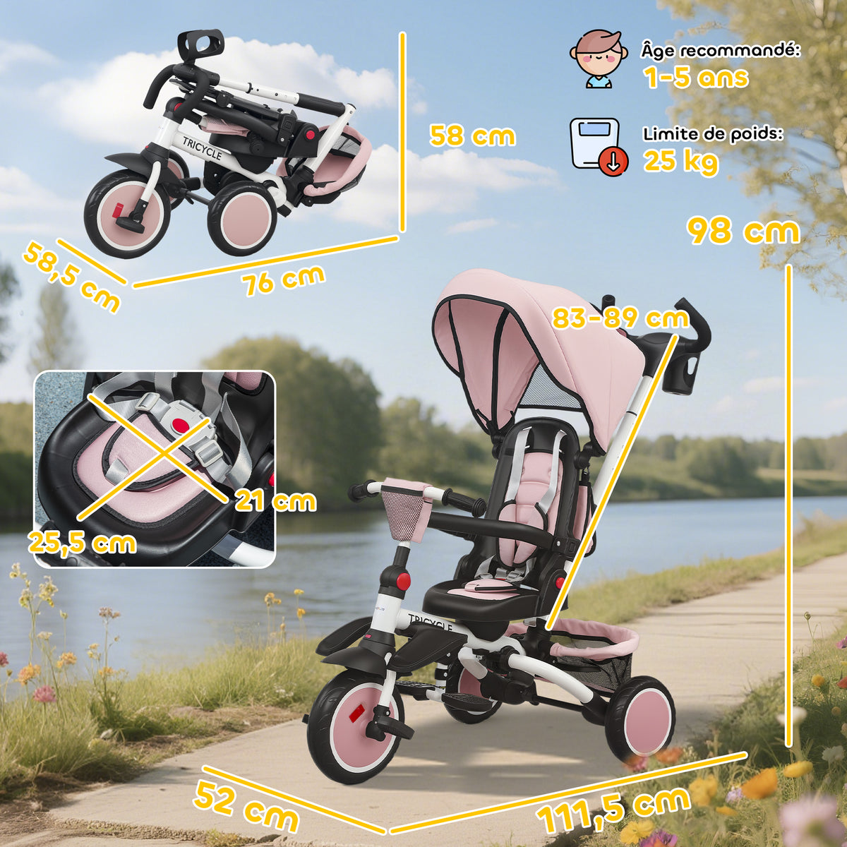 Tricycle bébé évolutif 6 en 1, tricycle enfant pliable avec poignée parentale réglable, siège pivotant 360°, rose-2