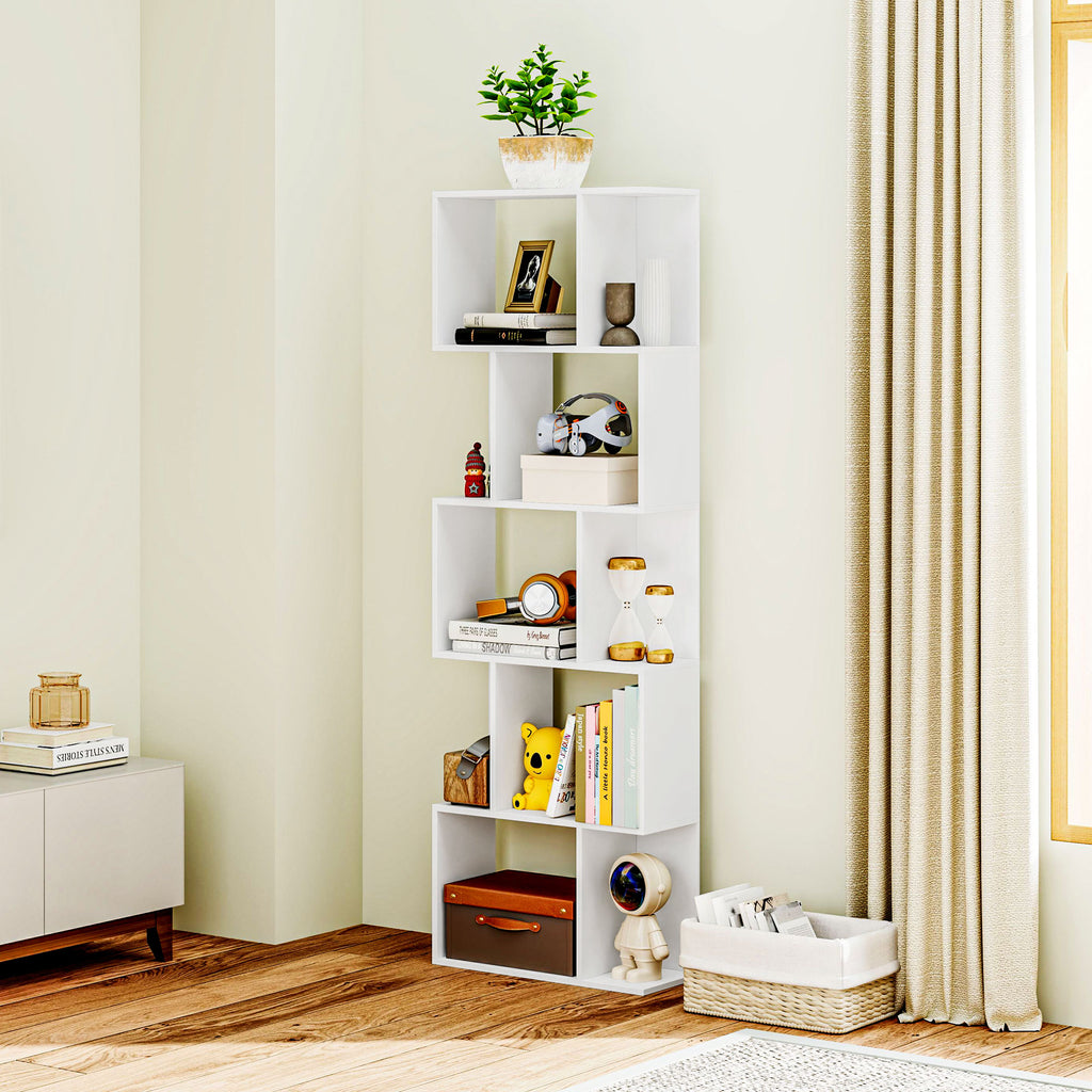 Bibliothèque à 5 niveaux, meuble de rangement en forme de S avec étagères, 60 x 24 x 184,5 cm, blanc-7