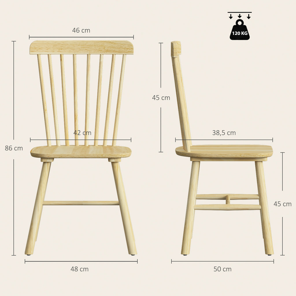 Lot de 2 Chaises de Salle à Manger, Chaises Cuisine en Bois d'Hévéa, Dossier Incurvé, Bords Arrondis, Bois Naturel-2