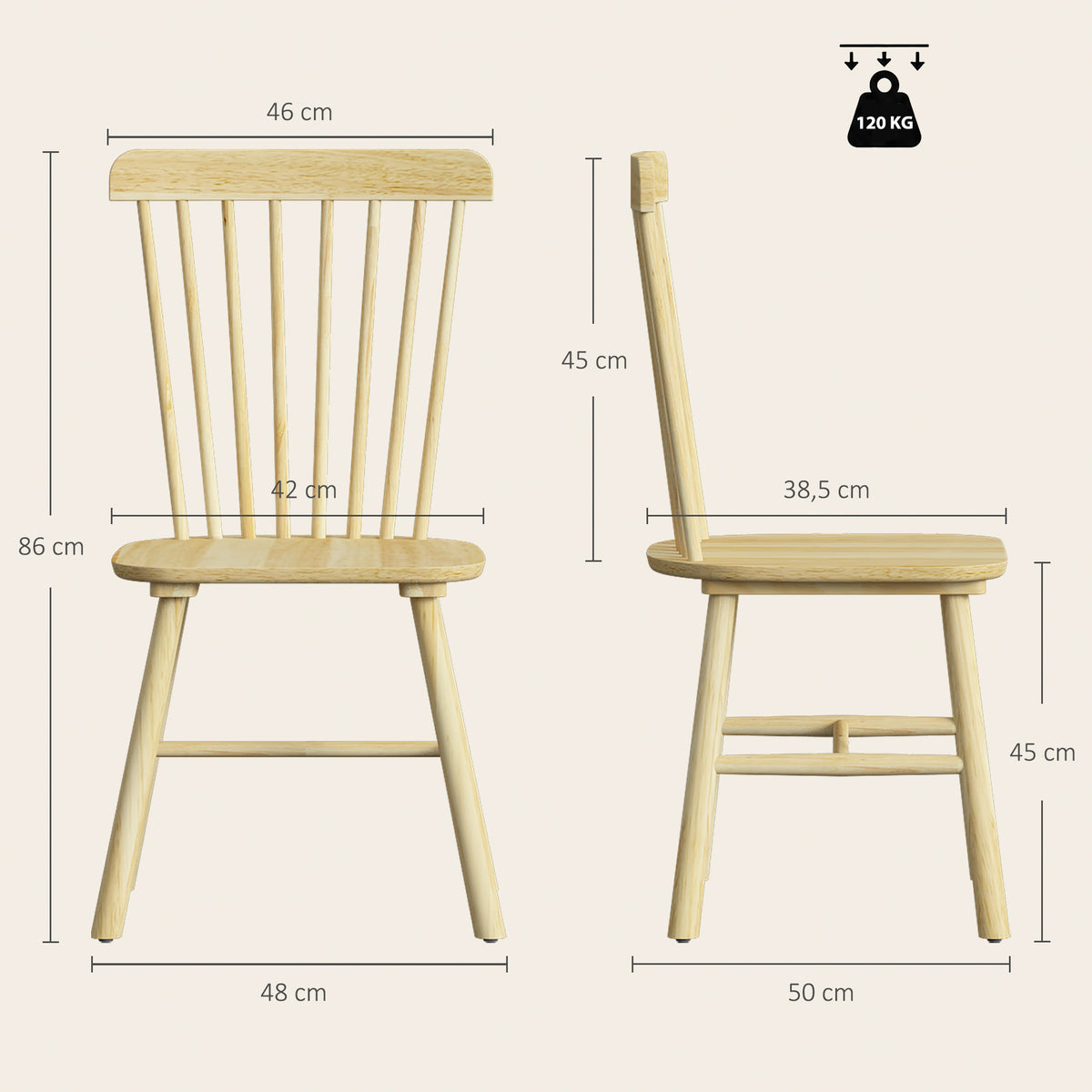 Lot de 2 Chaises de Salle à Manger, Chaises Cuisine en Bois d'Hévéa, Dossier Incurvé, Bords Arrondis, Bois Naturel-2
