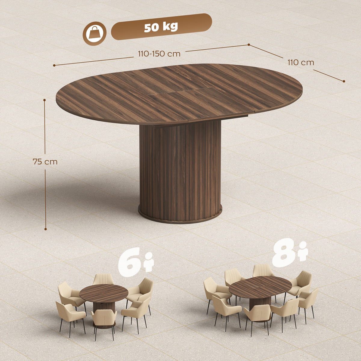 Table à Manger Extensible pour 6 à 8 Personnes, 110-150 cm, Table de Cuisine Ovale avec Piètement Central Rond, Noyer-2