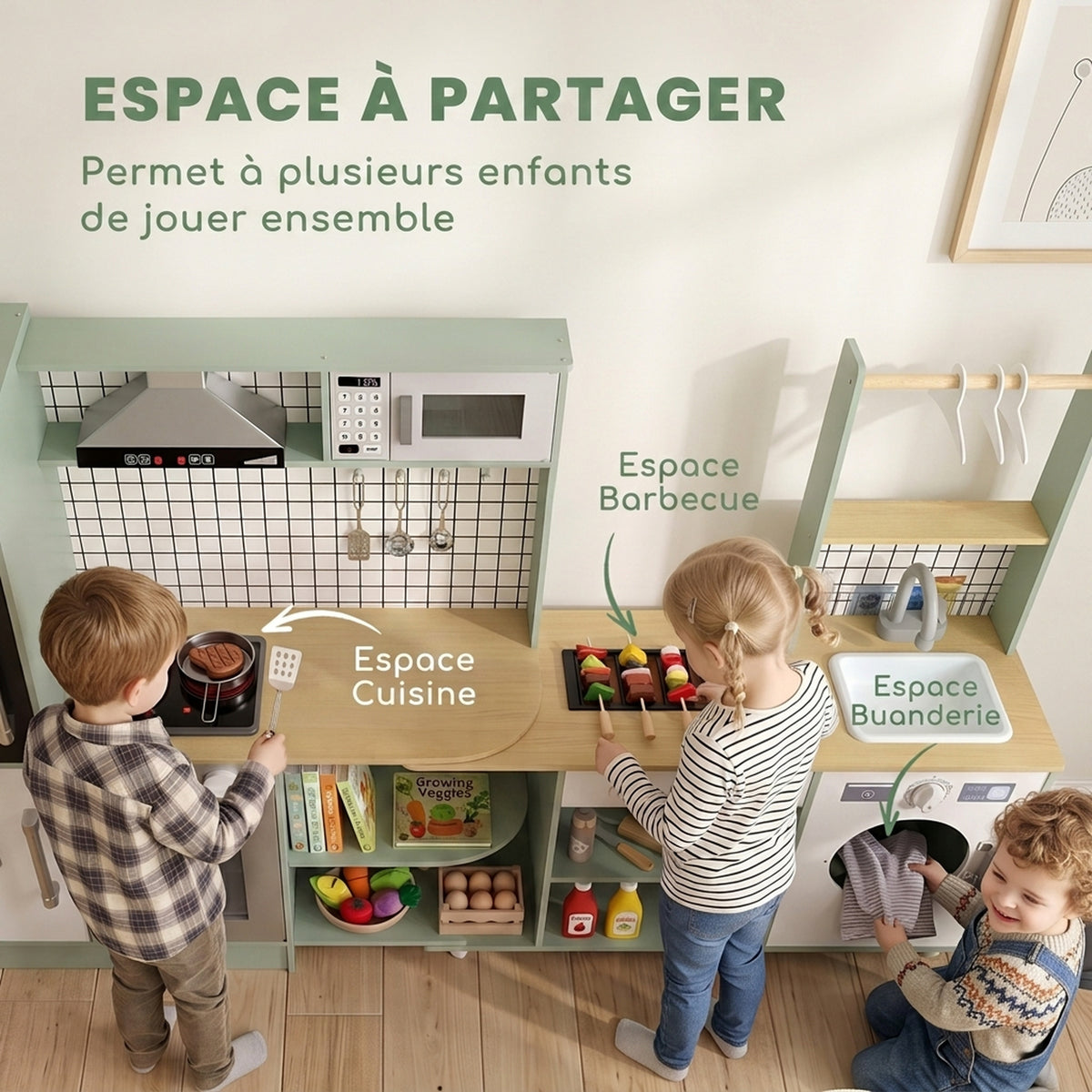 Cuisine Enfant Jouet d'Imitation, Micro-Ondes, Four, Plateau Rotatif sur Roulettes, 160x32x97,5cm, Vert Clair-5