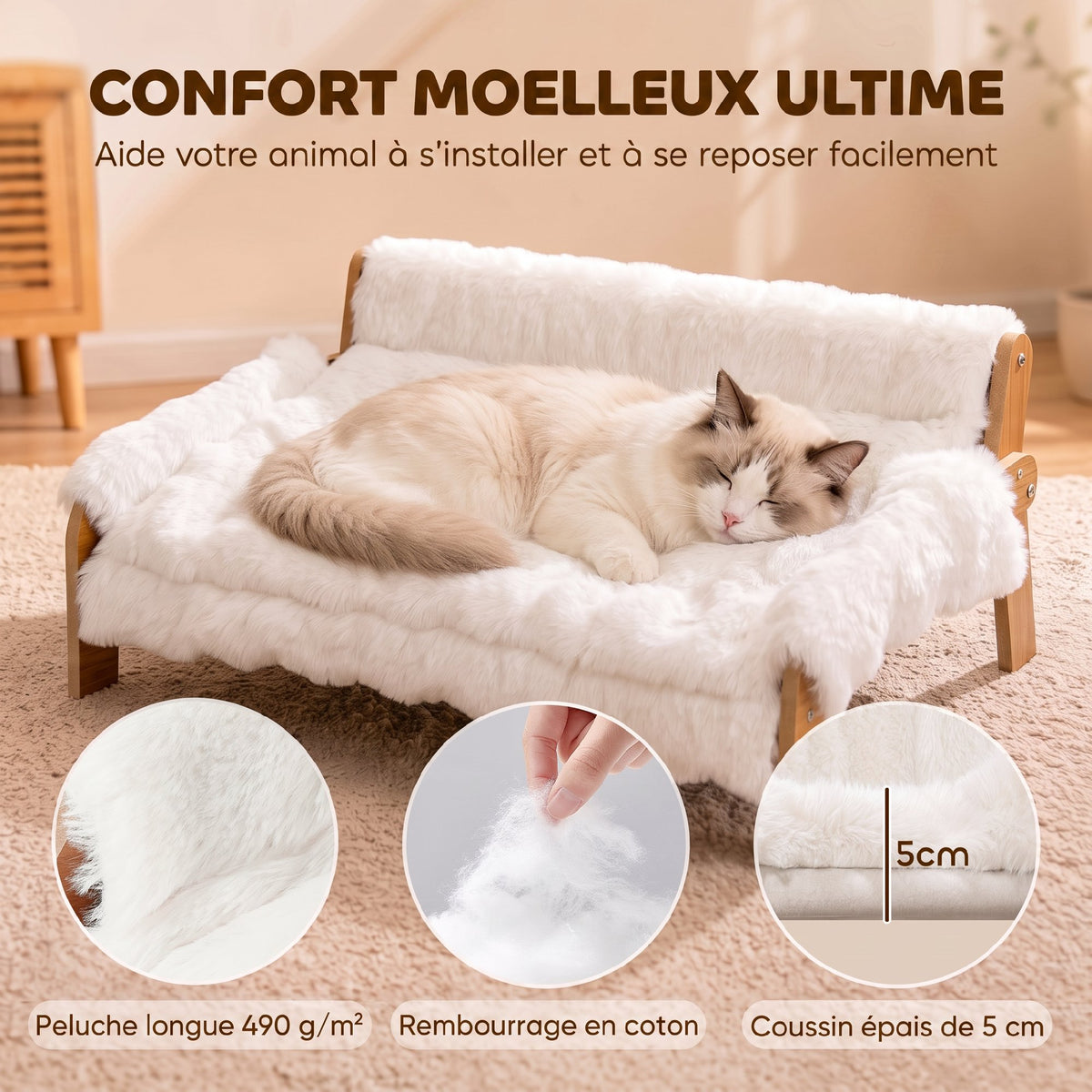 Canapé pour Chien Chat Lit Surélevé en Bois, Coussin Amovible en Peluche, Pieds Antidérapants, 70 x 47 x 30 cm, Blanc-4