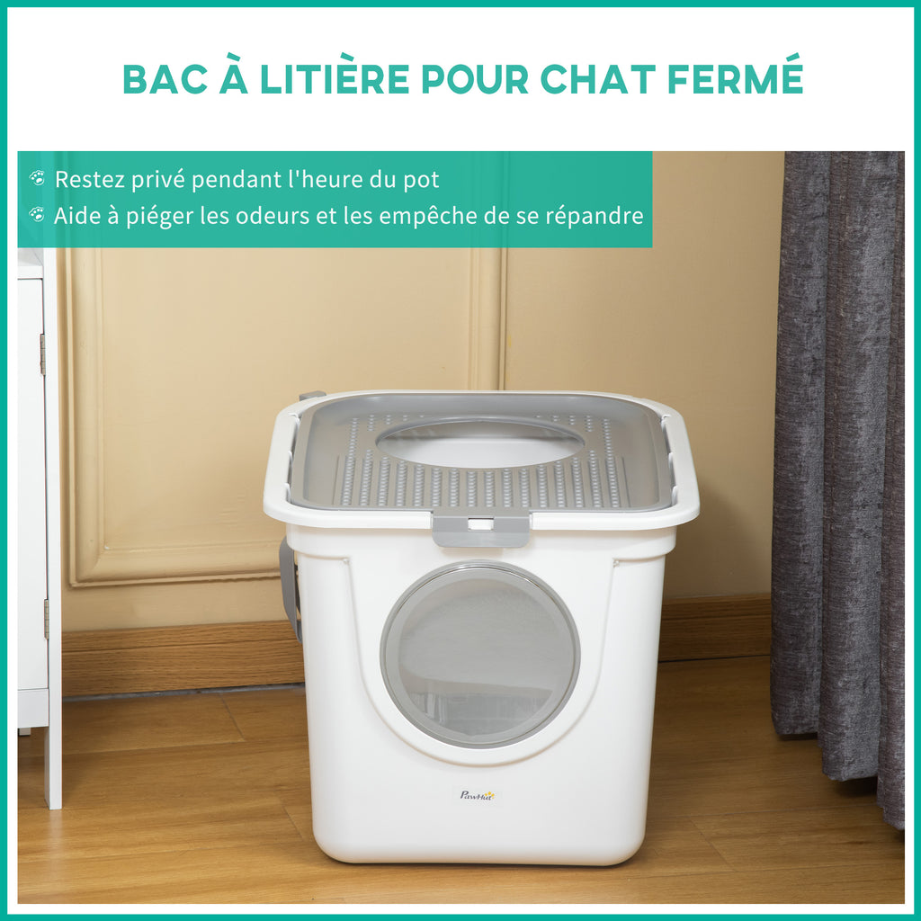 Maison de toilette Bac à litière pour chat double porte battante et supérieure, pelle fourni, 44L x 55l x 39H cm, blanc-4