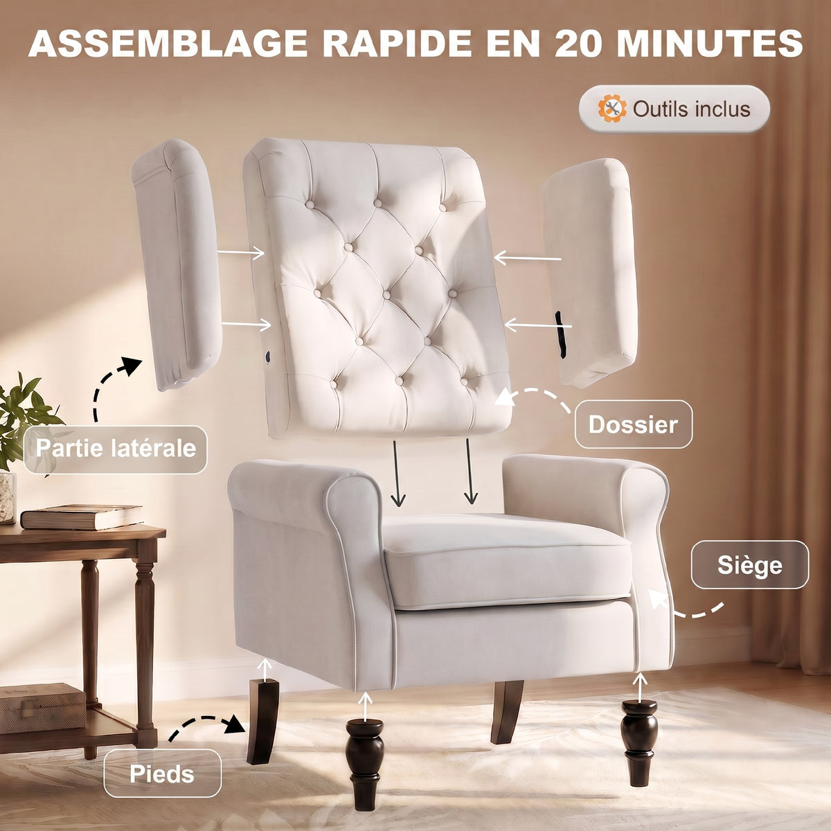 Fauteuil de Salon, Fauteuil d'Appoint Mi-Siècle Moderne en Flanelle Neige avec Haut Dossier Capitonné à Oreilles, Crème-6