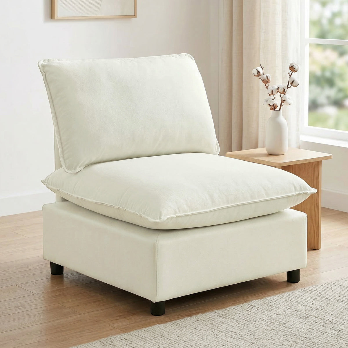 Fauteuil de salon, canapé 1 place moderne sans accoudoirs avec assise large, coussins épais, 146x85x78cm, crème-1
