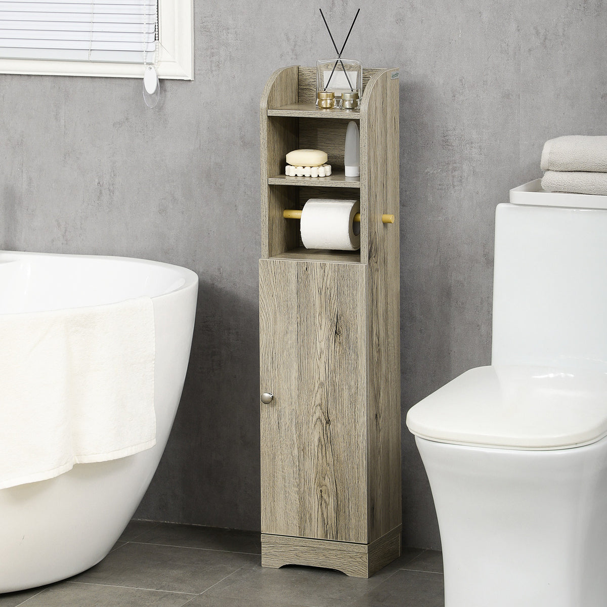 Meuble bas de salle de bain 1 étagère supérieure ouverte 2 compartiments et 1 placard 23 x 18 x 100 cm gris-9