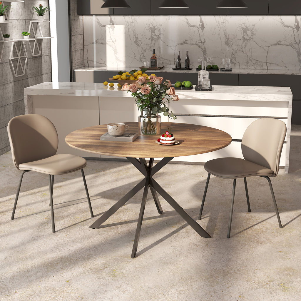 Table à manger ronde pour 4 personnes 120 cm style industriel avec plateau aspect bois, piètement croisé en acier, marron-7