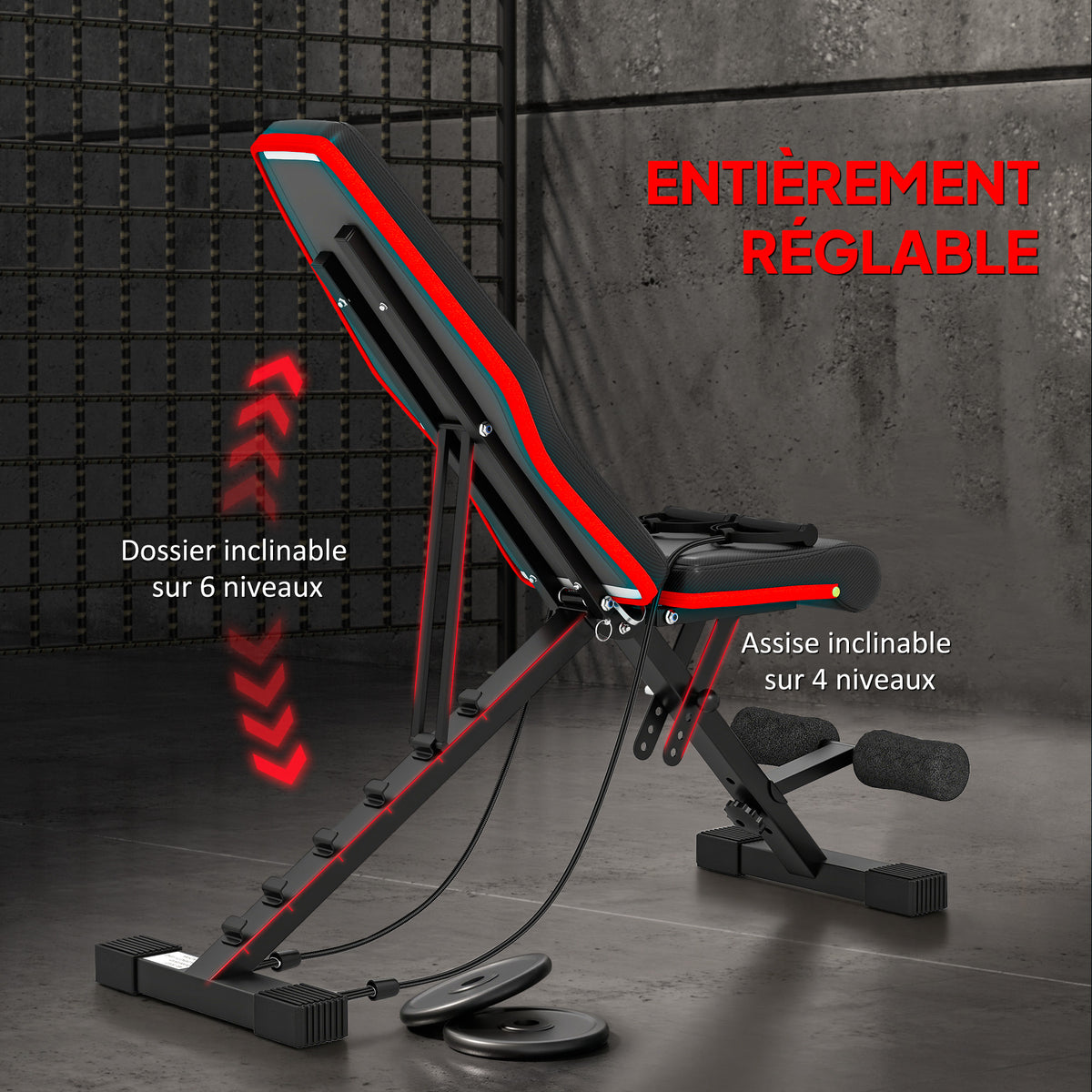 Banc de musculation pliable dossier réglable 6 niveaux assise ajutable 4 niveaux coussin 130 x 34 x 109 cm noir et rouge-3