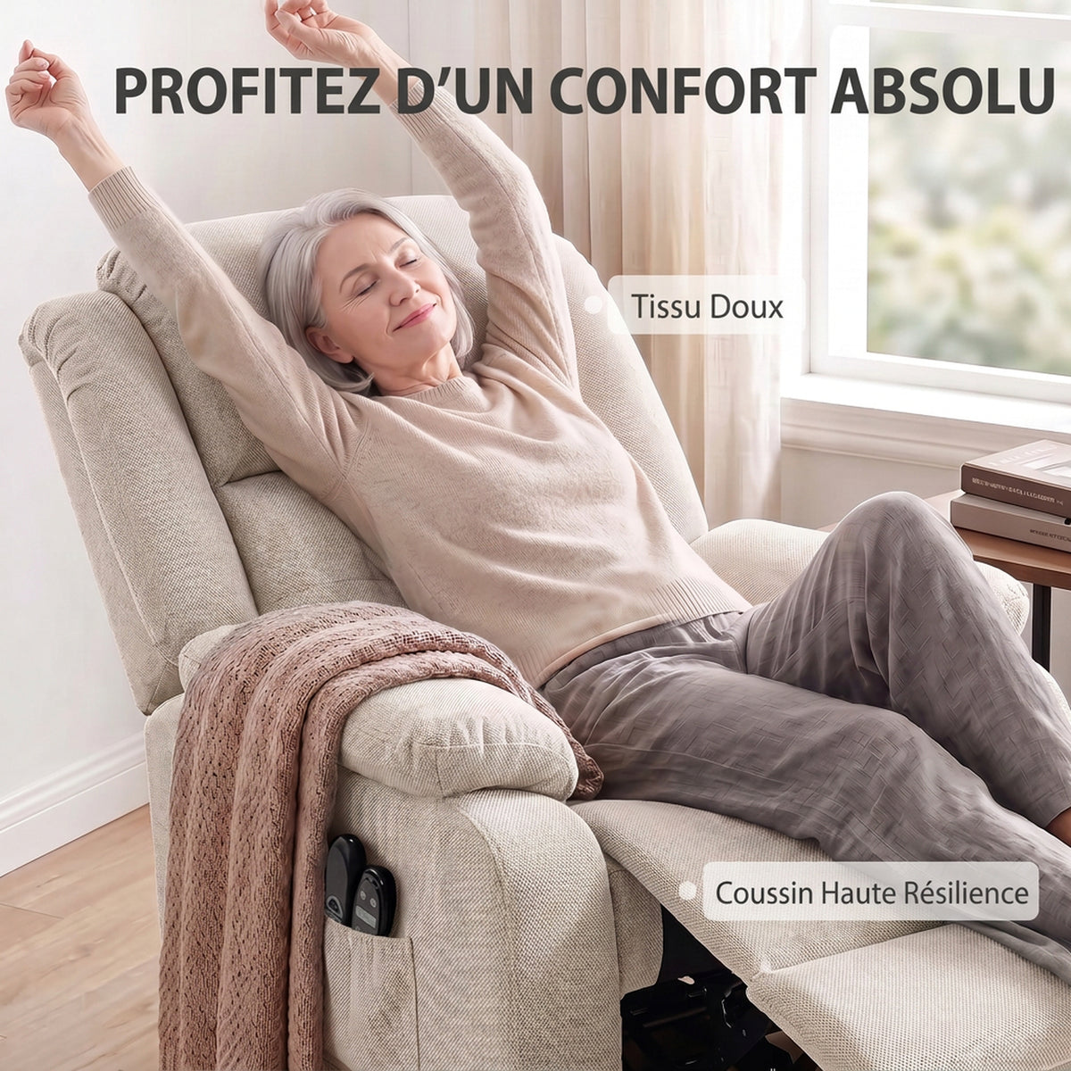 Fauteuil Releveur Électrique, Massage et Chauffage, Repose-Pieds, Dossier Inclinable, Télécommande, 93x104x100cm, Beige-5
