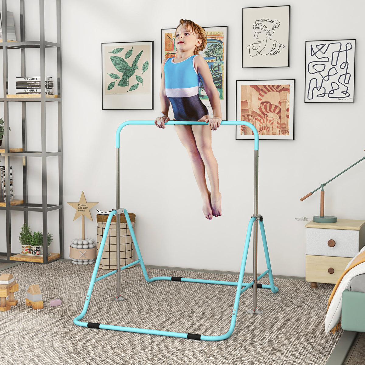 Barre fixe de gymnastique pour enfants pliante hauteur réglable de 88 à 128 cm vert-7
