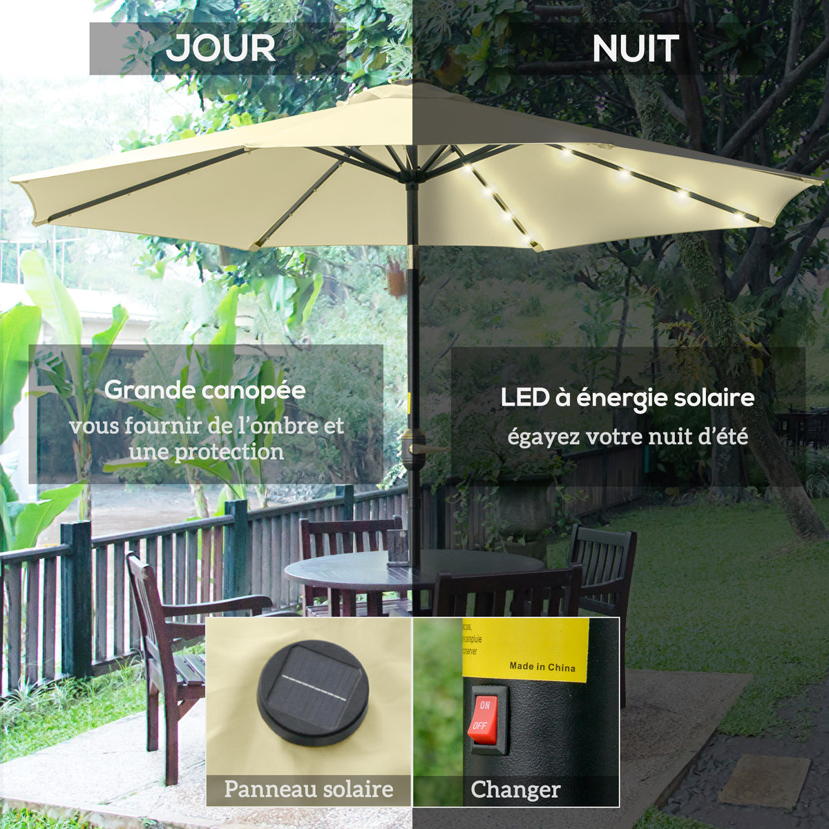 Parasol de Jardin Extérieur Rond Ø 265 cm, Lumières LED Solaires, Manivelle Inclinable, Mât en Acier, 8 Baleines, Beige-3
