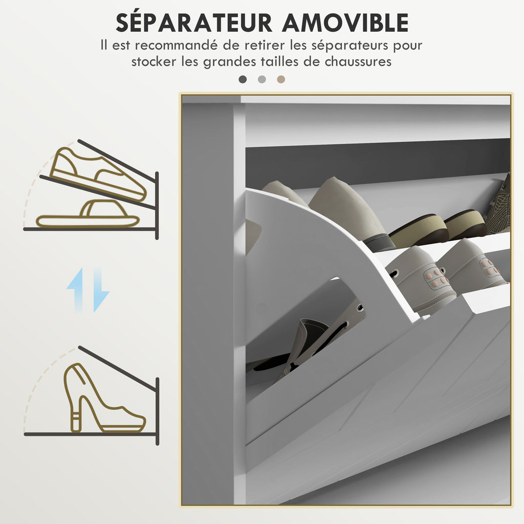 Banc à chaussures avec tiroir rabattable, coussin d'assise et étagère réglable, 100 x 26 x 48 cm, blanc-5
