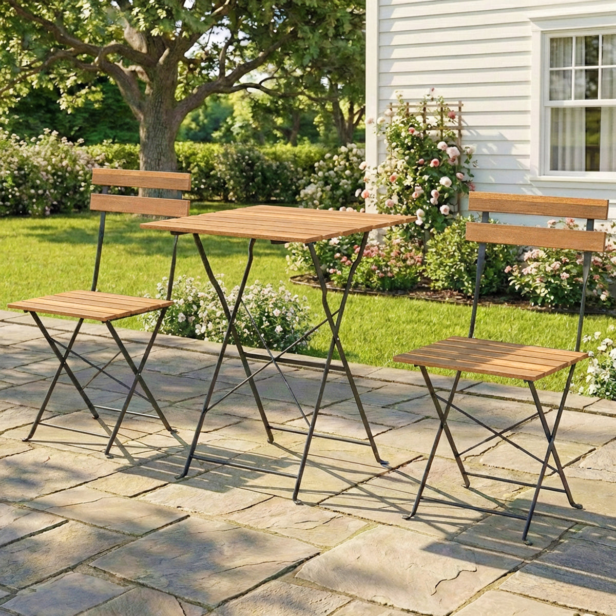 Ensemble de Salon de Jardin Bistrot 3 Pièces, 2 Chaises Pliantes, Table Carrée en Bois d'Acacia, 55x55x71cm, Naturel-1