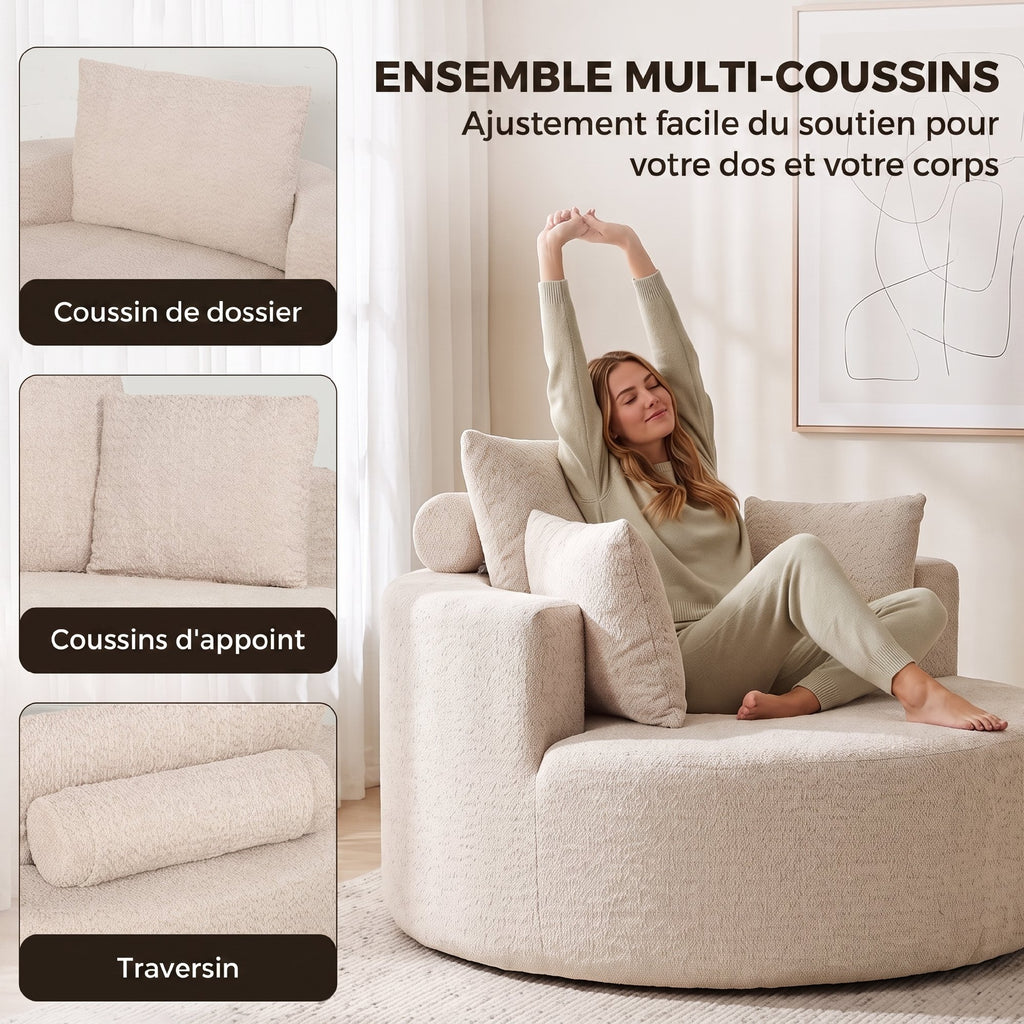Pouf Canapé Rond en Chenille, Grande Assise, 2 Coussins, 1 Dossier, 1 Traversin, Charge 250kg, 130x130x82cm, Crème-6