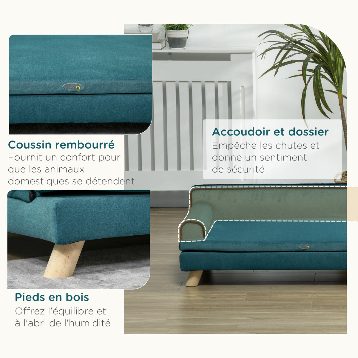 Canapé pour chien chat design scandinave coussin moelleux amovible pieds bois massif 100 x 62 x 32 cm bleu canard-5